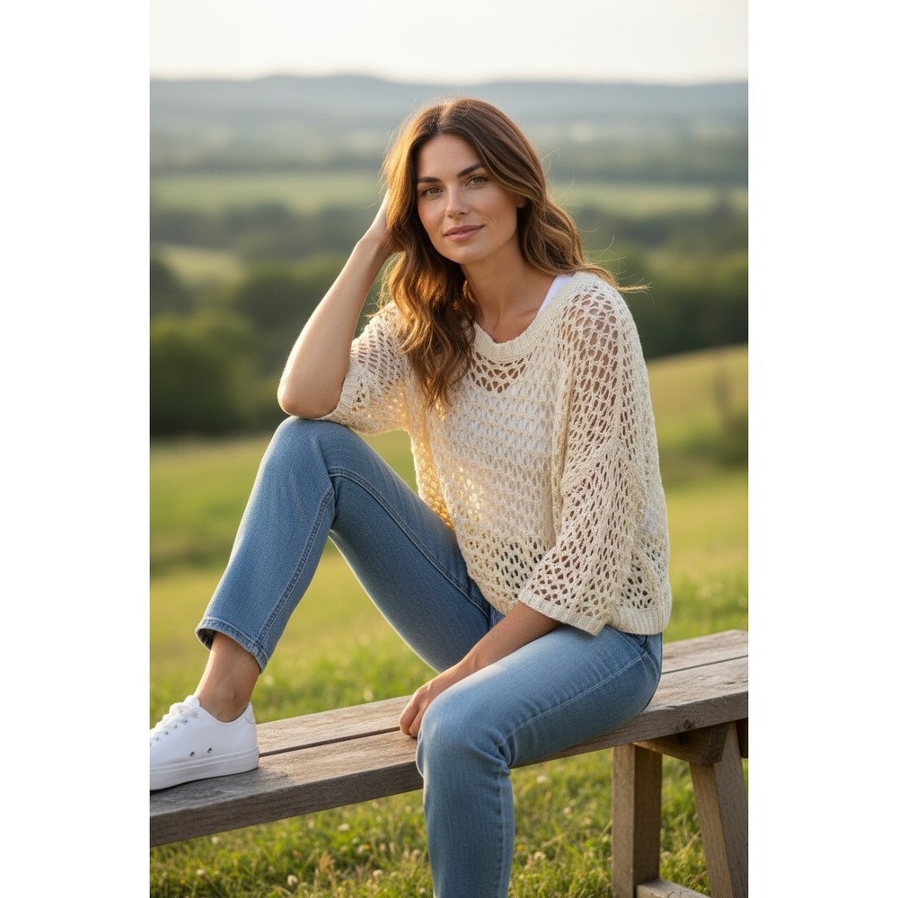 Tildon‎ Womens XS Ivory Open Knit Batwing Sweater Cream Crochet Crew Neck
